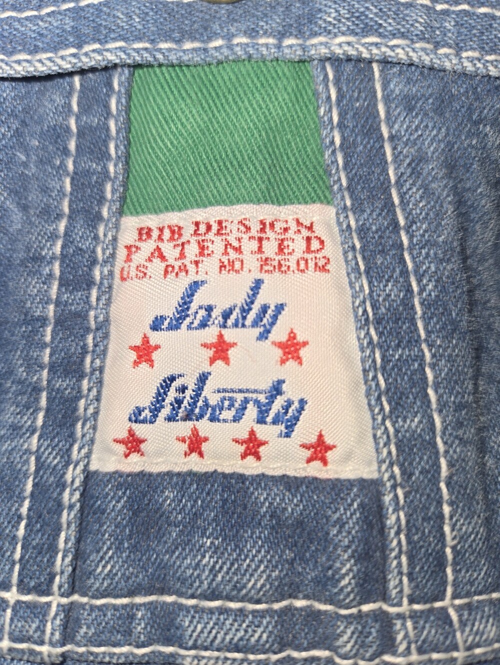 Vintage Lady Liberty Medium Wash Denim Bib Overalls with Green Accents